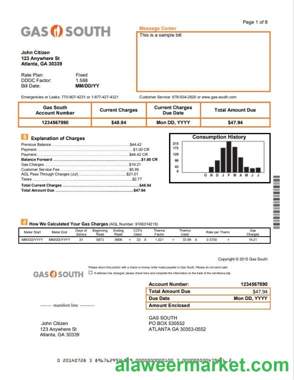 USA New York Gas South utility bill template in Word and PDF format